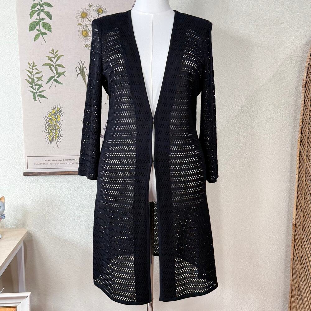 Misook Black Open Knit Mid Length Cardigan Sweater Minimalist Basics Classic M